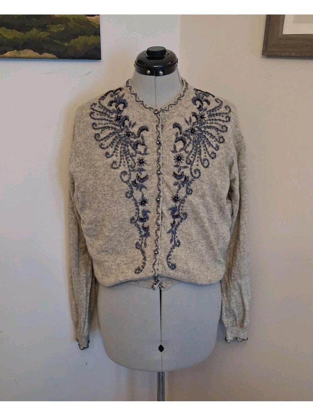 Vintage 1950s Beaded Cardigan, Grey And Black Sz 42 M/L Elegant Embellishedn